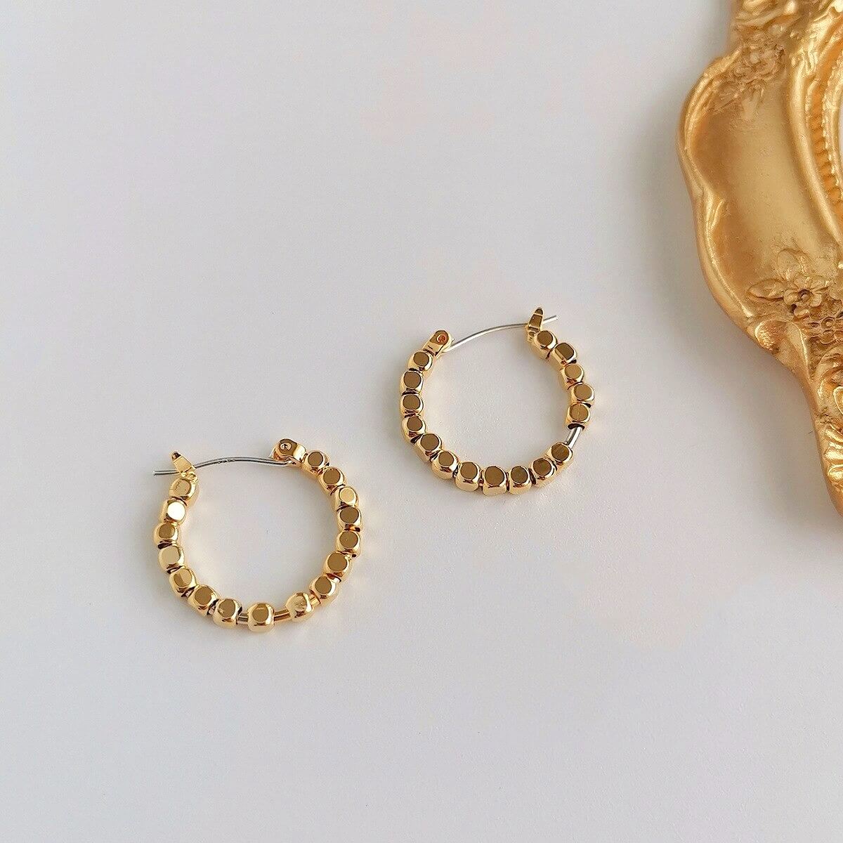 14K Gold Plated Hoop Earrings with Vintage Cube Charm for Women – Trendy Elegant Jewelry
