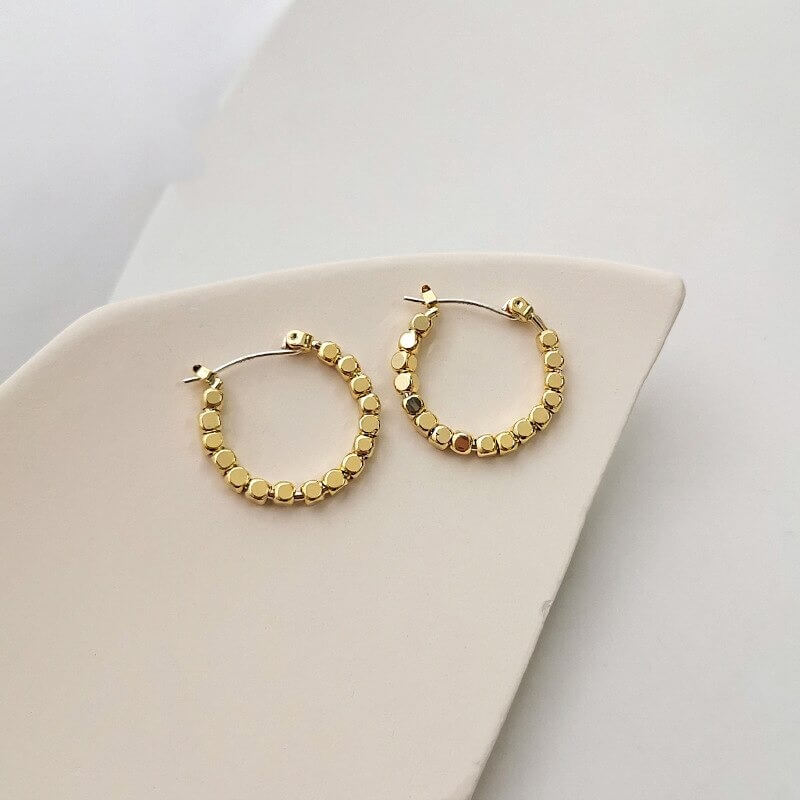 14K Gold Plated Hoop Earrings with Vintage Cube Charm for Women – Trendy Elegant Jewelry
