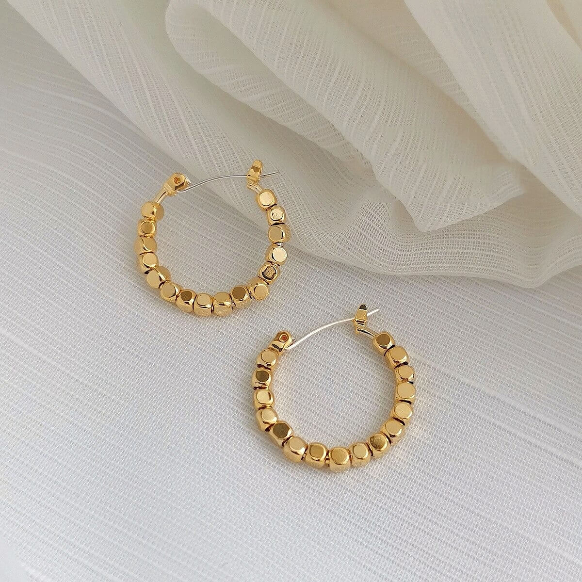 14K Gold Plated Hoop Earrings with Vintage Cube Charm for Women – Trendy Elegant Jewelry