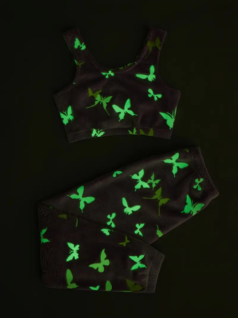 Glow in the Dark Butterfly Pajama Set – Ultra Soft Cozy Long Sleeve Top and Pants