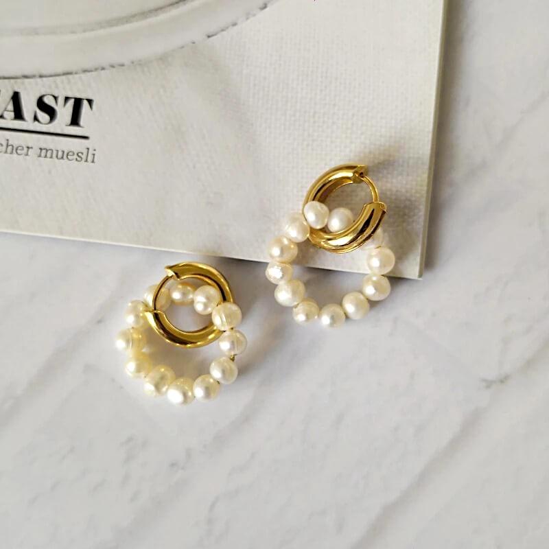 Double Freshwater Pearl Hoop Earrings for Women – 18K Gold Plated Elegant Everyday Jewelry