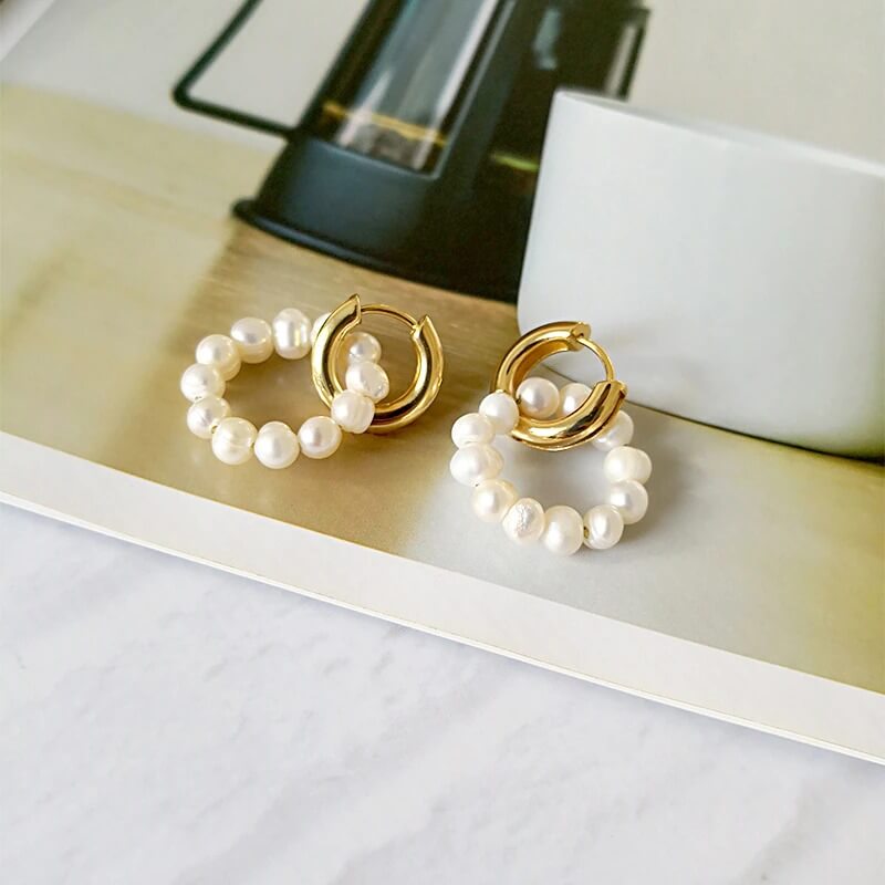 Double Freshwater Pearl Hoop Earrings for Women – 18K Gold Plated Elegant Everyday Jewelry