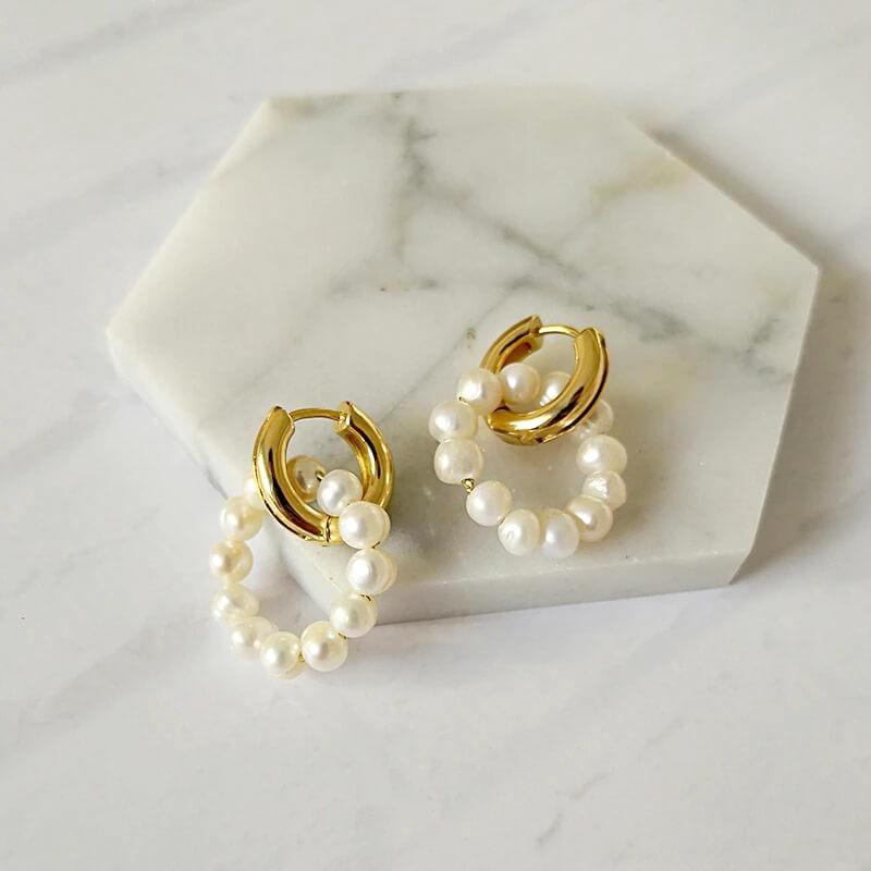 Double Freshwater Pearl Hoop Earrings for Women – 18K Gold Plated Elegant Everyday Jewelry